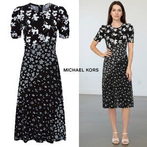 Embroidered Botanical-Print Dress BW Midi Classic Dark Romantic Wedding Guest